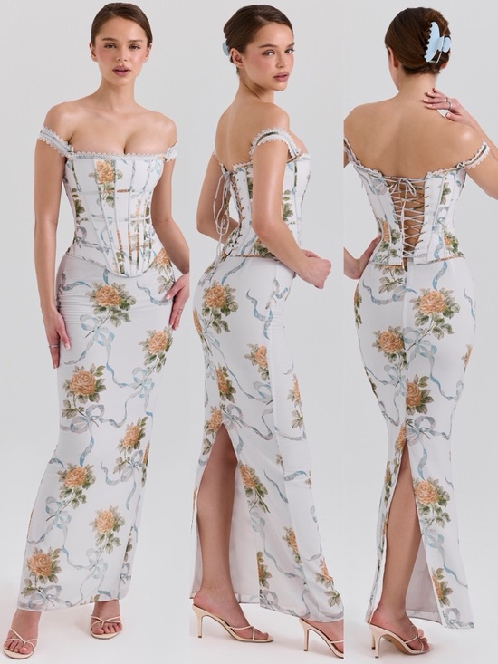 House of CB Dresses & Skirts - House of CB Isis Yellow Rose Corset Maxi Dress NWT Size M Floral Lace Trim